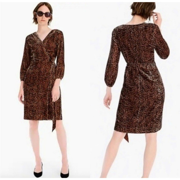 New J Crew Animal Print Velvet True Wrap Dress Size 0 V Neck Leopard Print - Picture 2 of 15